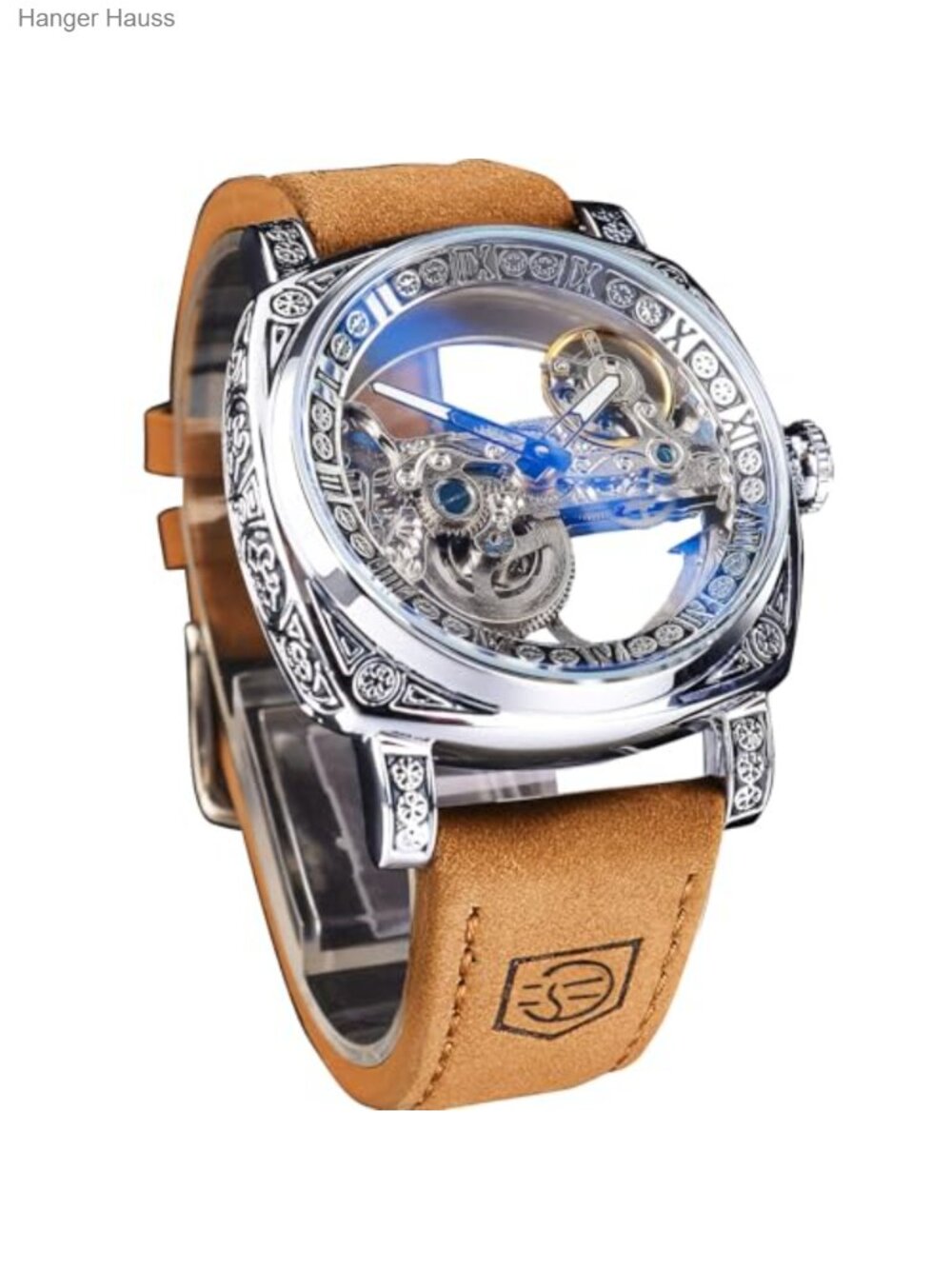 Men's Luxury Square Automatic Skeleton Watch, Retro Carved Totem Self-Wind